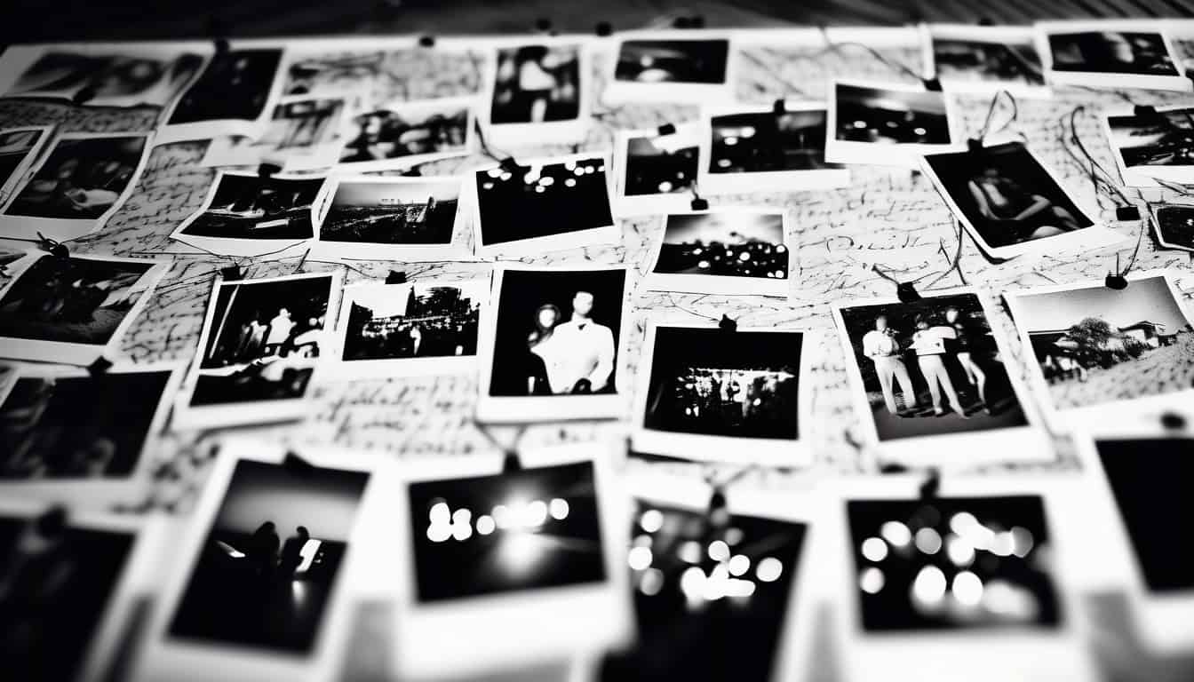 Black and white sketch of a corkboard filled with interconnected photos and notes