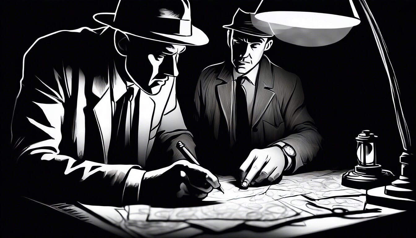 black and white sketch of a detective examining evidence under lamplight
