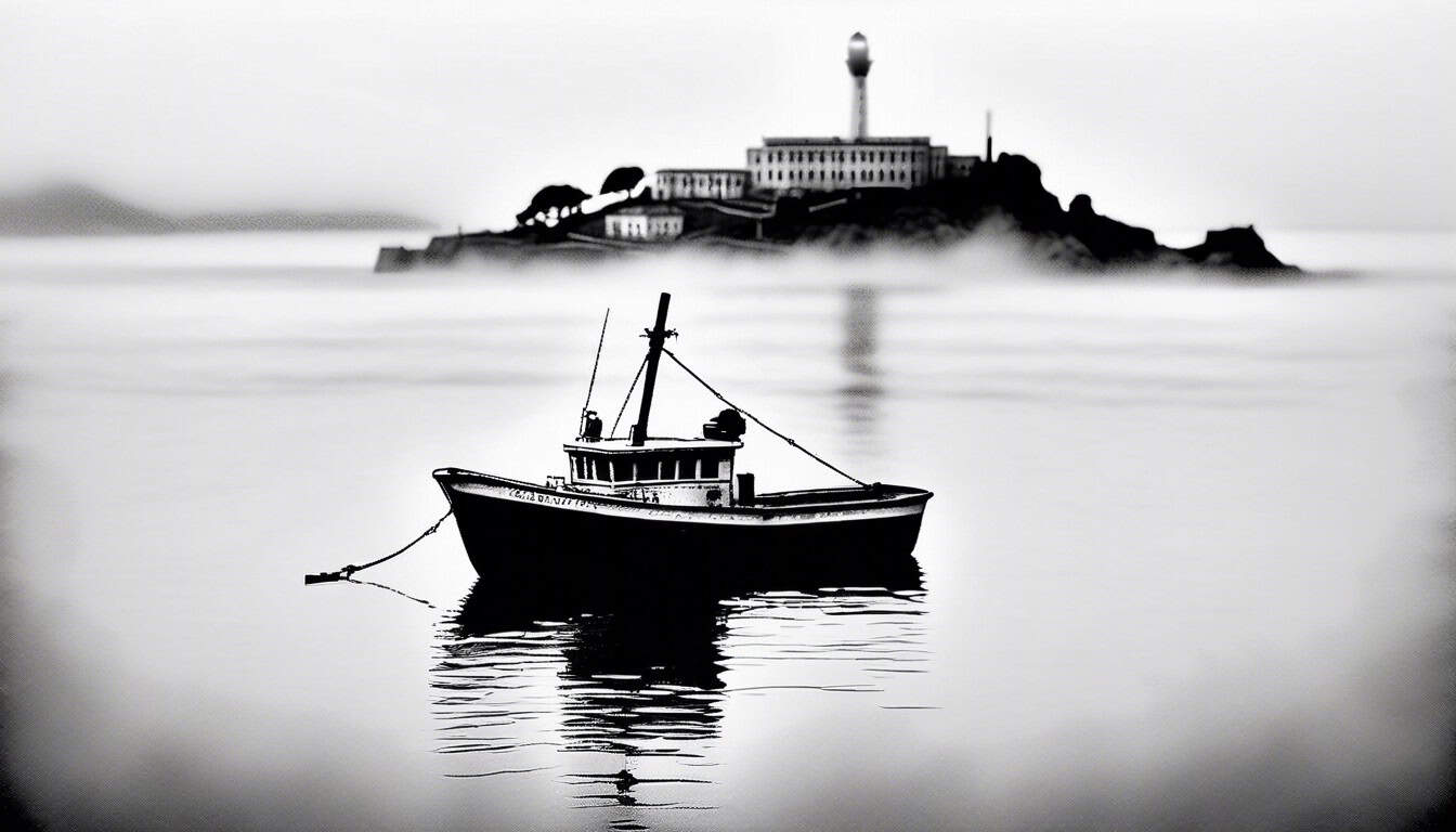 black and white sketch of a lonely boat on foggy waters near Alcatraz