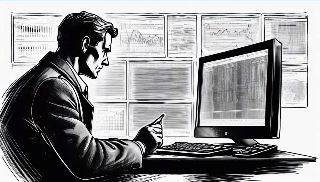 Black and white sketch showing a detective analyzing a computer screen filled with data