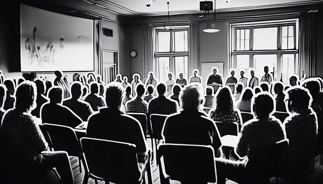 A black and white sketch of a community meeting in a small town hall