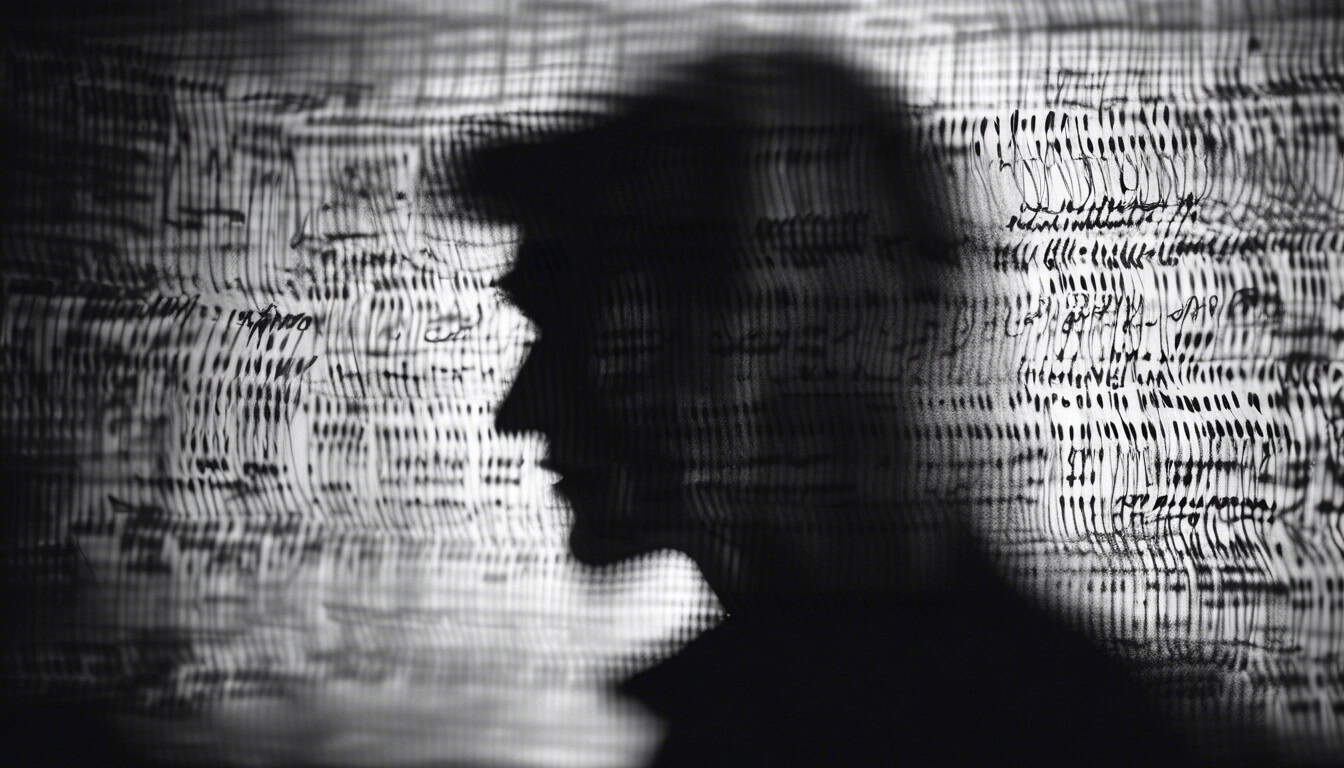 A thought-provoking black and white sketch of a shadowy figure obscured by questions marks.