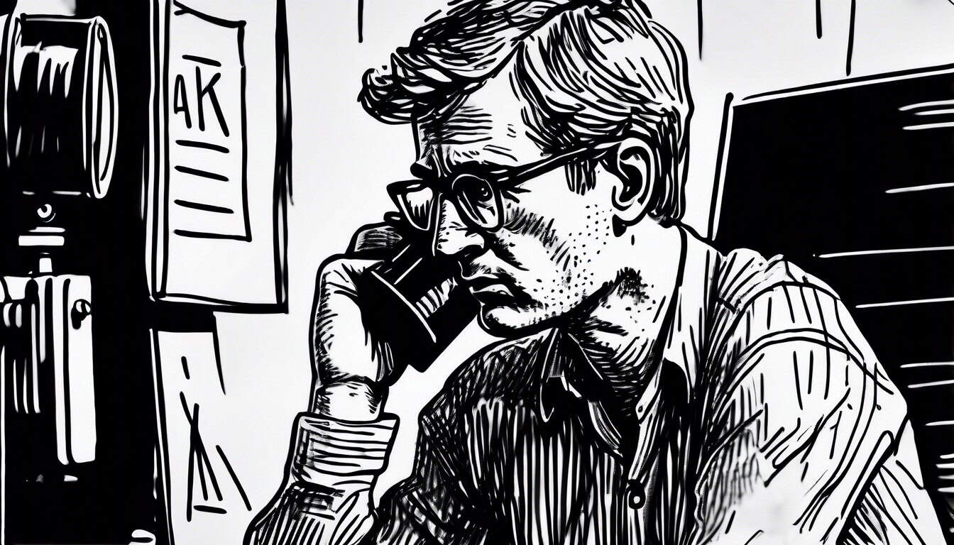 A black and white sketch of a confused journalist pondering over ethical decisions while reporting.