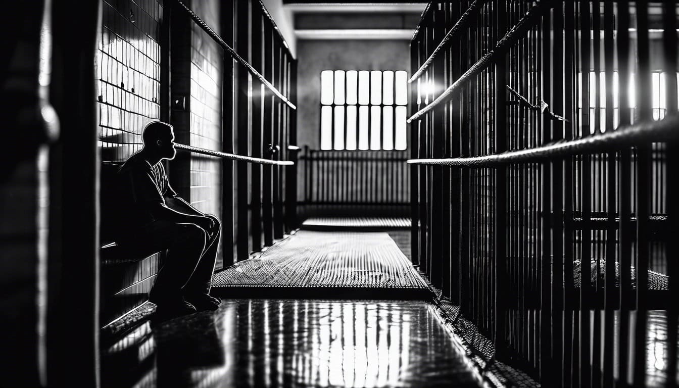 A black and white sketch of a prison hallway with bars and a solitary figure sitting on a bunk.