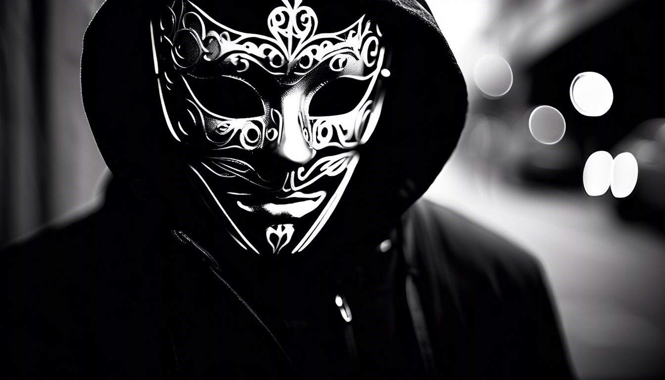 Black and white sketch of a masked figure in the shadows