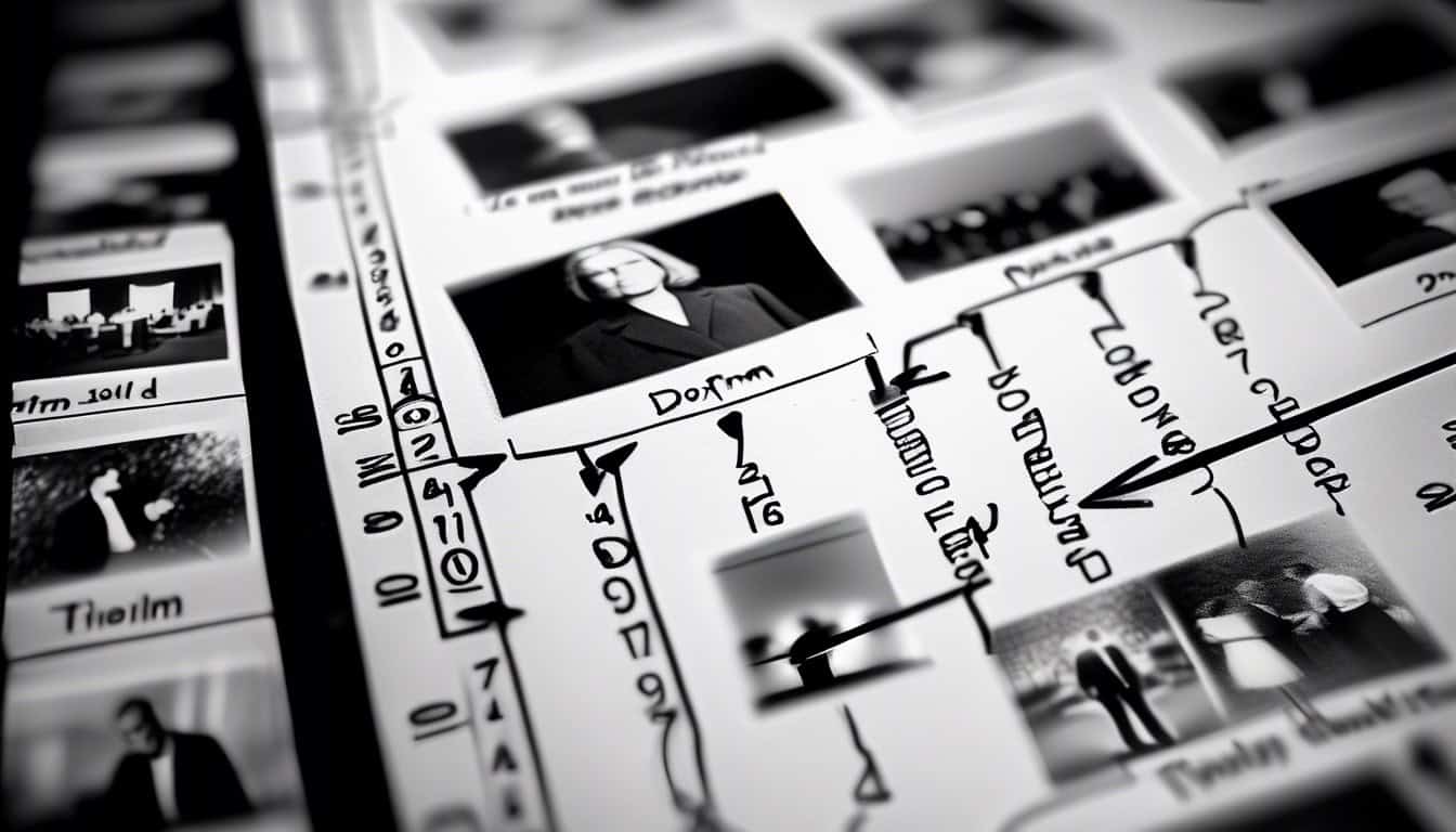 A black and white sketch of a timeline with key events like trial and murder marked clearly.