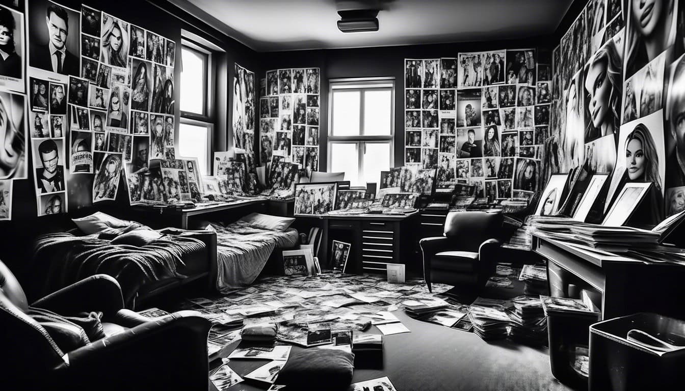 A black and white sketch of a cluttered room with celebrity posters covering the walls.