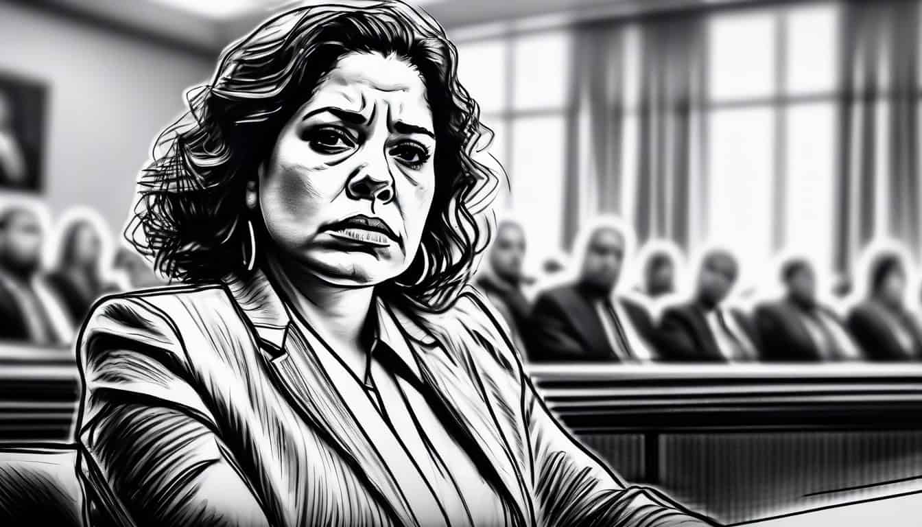 A black and white sketch of Yolanda Saldivar in a courtroom setting, showing emotional tension.