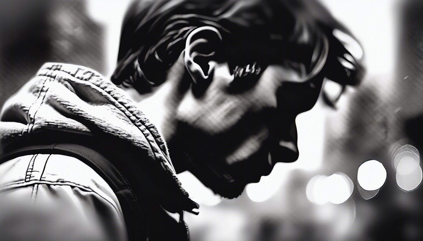 A black and white sketch of a person looking over their shoulder in distress, hinting at a past traumatic encounter